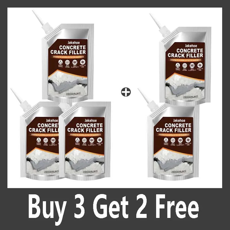 Three containers of Jakehoe Concrete Crack Filler product shown for a Buy 3 Get 2 Free promotion.