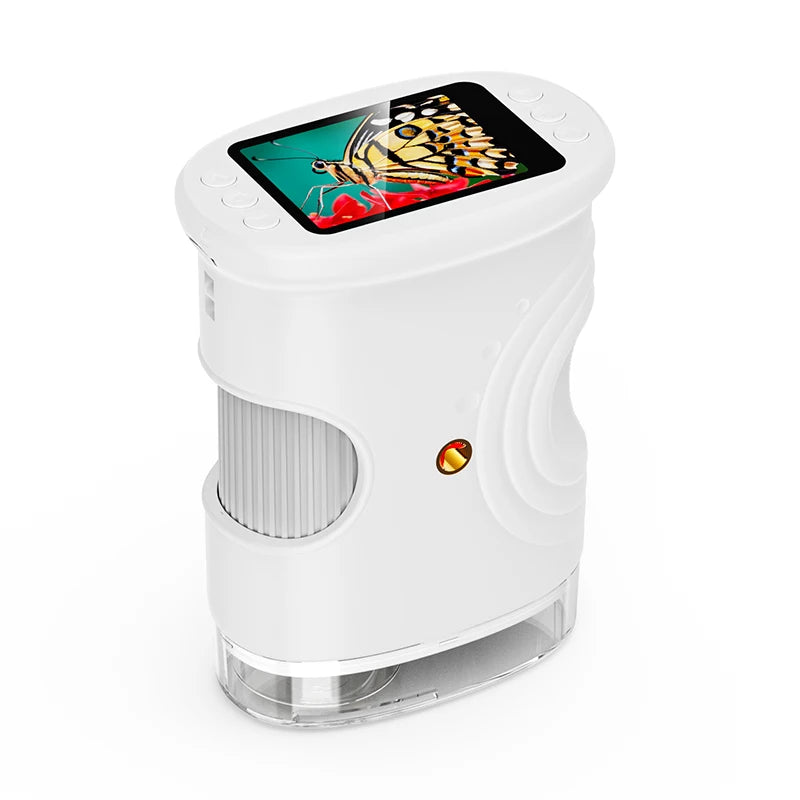 A white digital handheld microscope for kids with a bright insect image displayed on the screen.