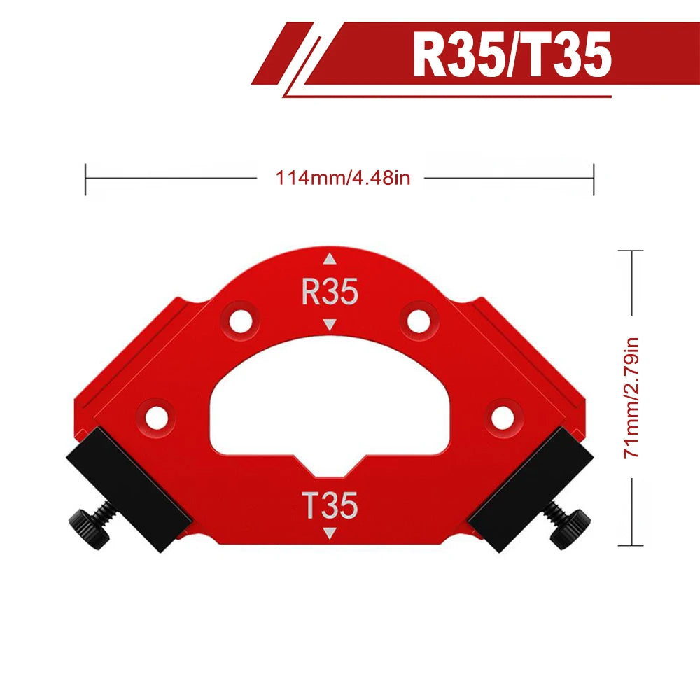 Red R35/T35 precision radius jig for woodworking with dimensions 114mm/4.48in