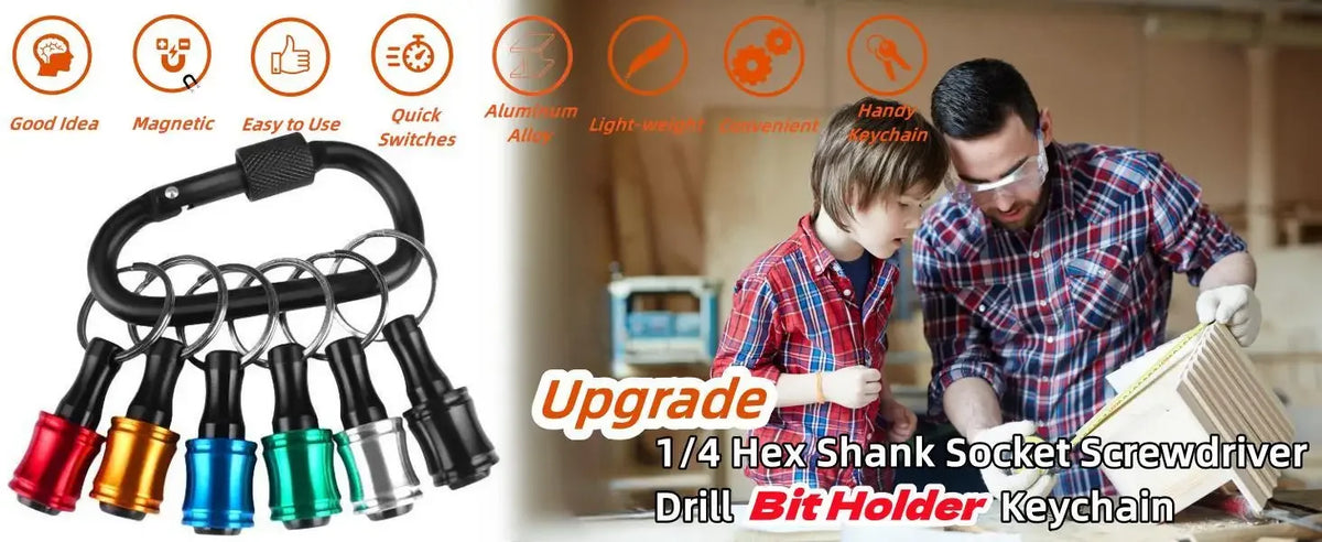 A set of 12 pieces of 1/4 Hex Shank Socket Screwdriver Drill Bit Holder Keychain Extension Bar shown next to a man and boy.