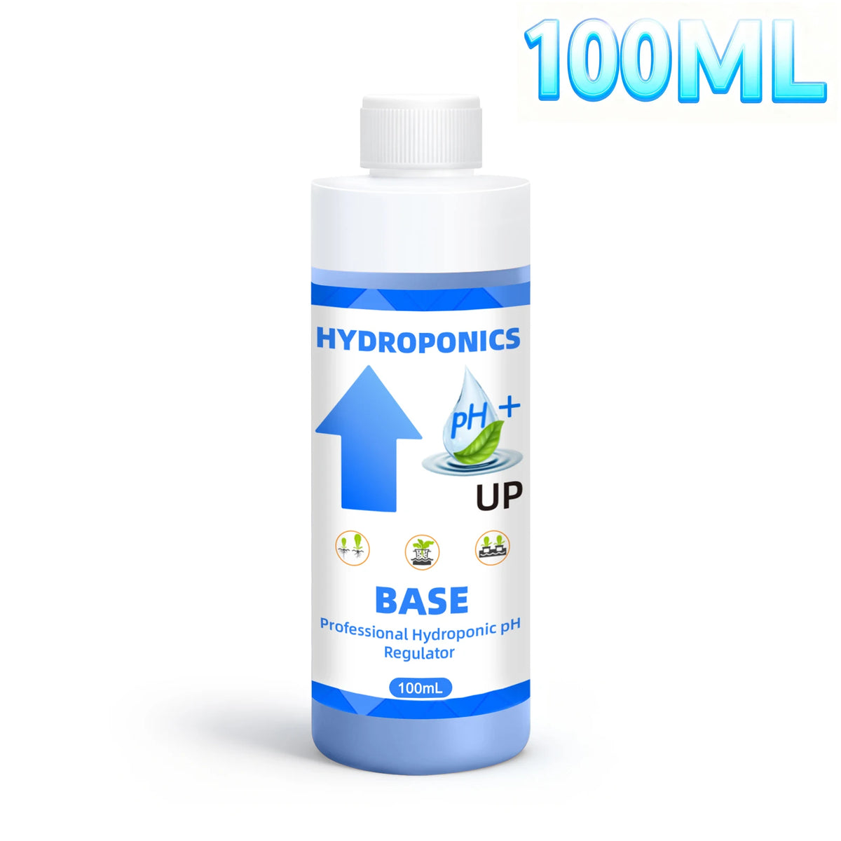 Botella blanca de 100ml de Base Ajustadora de pH para Hidroponía con un símbolo de flecha hacia arriba.
