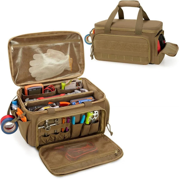 Bolsa de almacenamiento de herramientas resistente con compartimento abierto mostrando diversas herramientas y accesorios.