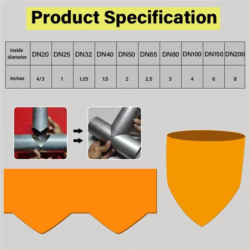 A product specification table showing various inside diameters for a precision pipe saddle template kit.