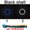 Two black shell LED push button switches with 15cm sockets shown side by side