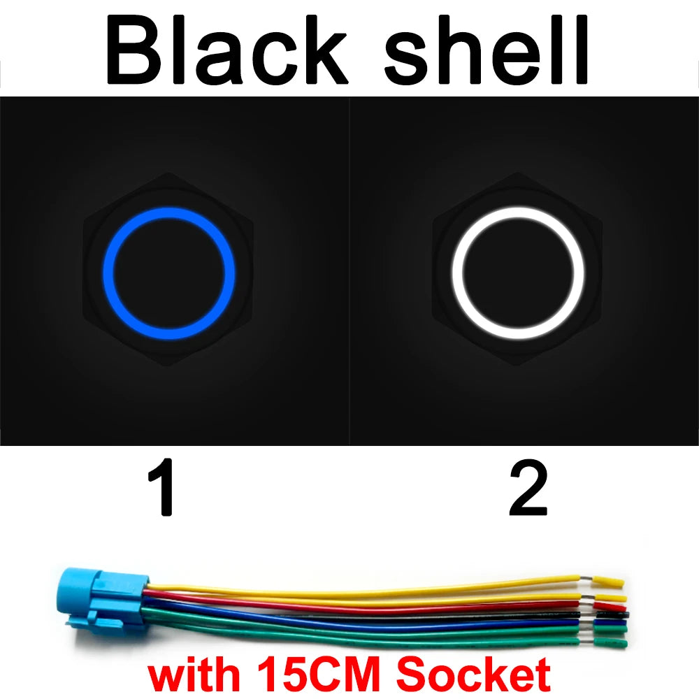 Two black shell LED push button switches with 15cm sockets shown side by side
