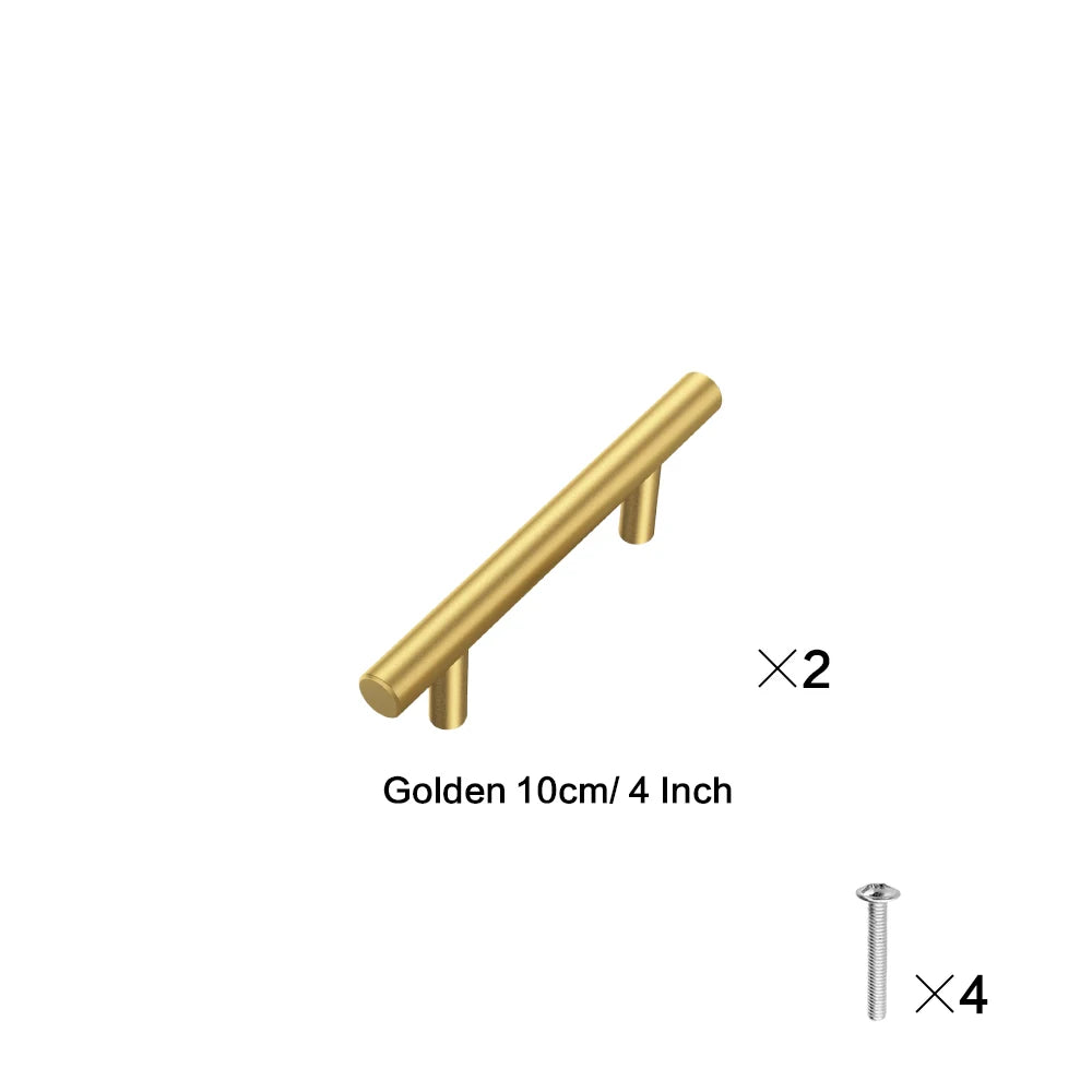Two golden cabinet handles, 10cm or 4 inch long, and four screws shown.