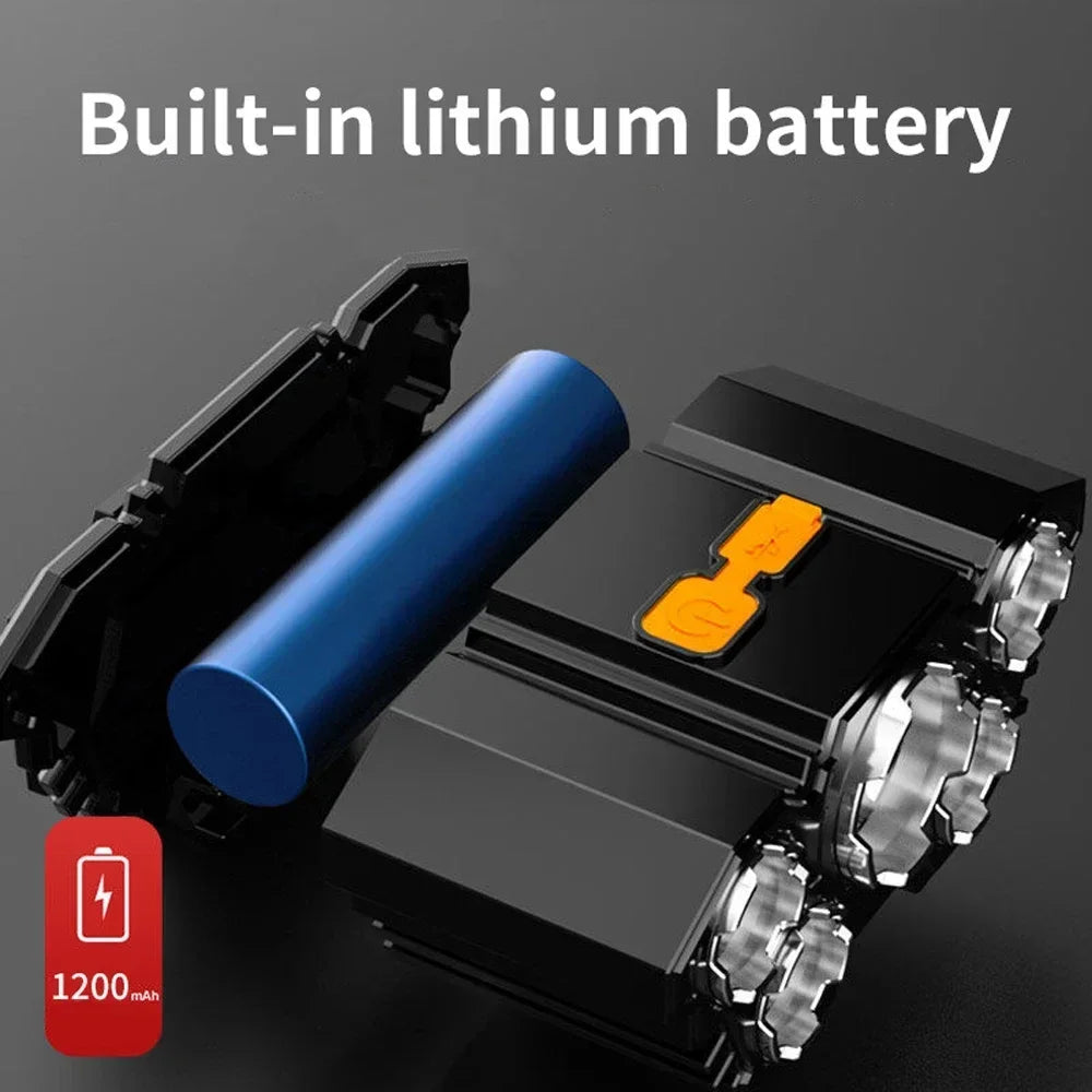 A black LED headlamp with a built-in lithium battery and an orange indicator light, showing the battery capacity of 1200mAh.