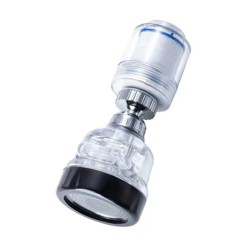 A clear plastic dual cartridge water filter assembly with a silver cap and black base.
