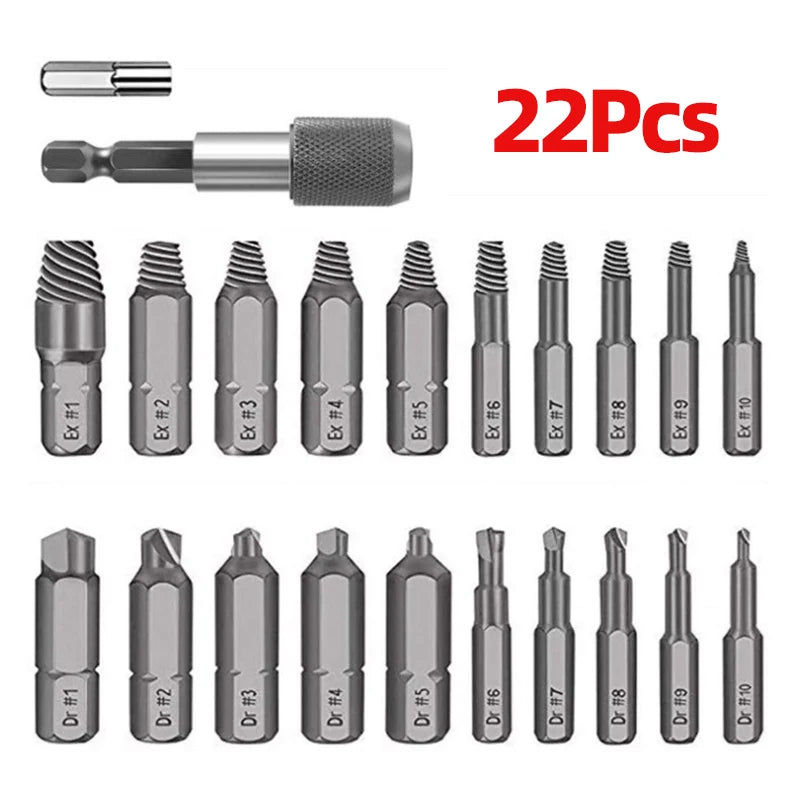A set of 22 magnetic screw extractor drill bits and a tool for removing broken heads.