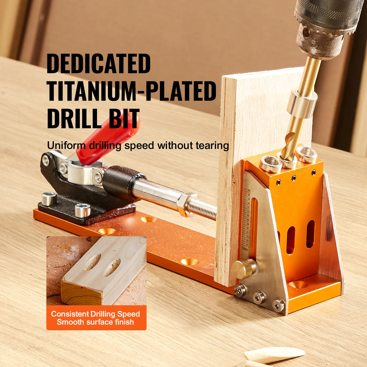A dedicated titanium-plated drill bit is shown being used in a jig for consistent drilling speed on wood.