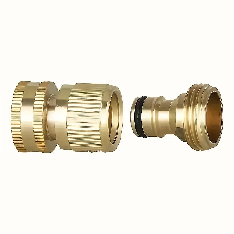 Brass quick connect hose kit featuring a gold-toned fitting and black sealing component.