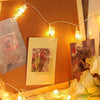 LED fairy clip string lights draped over a gold background with framed cards and floral elements.