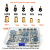 A set of M4 to M10 rivet heads and nuts packaged in a clear plastic box for manual riveting tools.