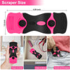 Pink and black double-sided razor blade scraper shown with dimensions and usage context.