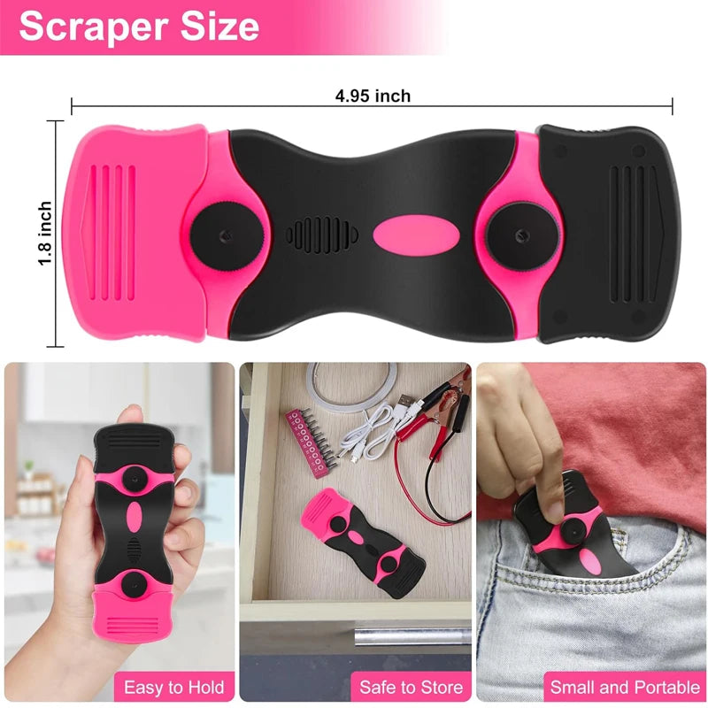 Pink and black double-sided razor blade scraper shown with dimensions and usage context.
