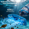 Blue cordless handheld vacuum cleaner demonstrating powerful suction and water displacement in clear water.