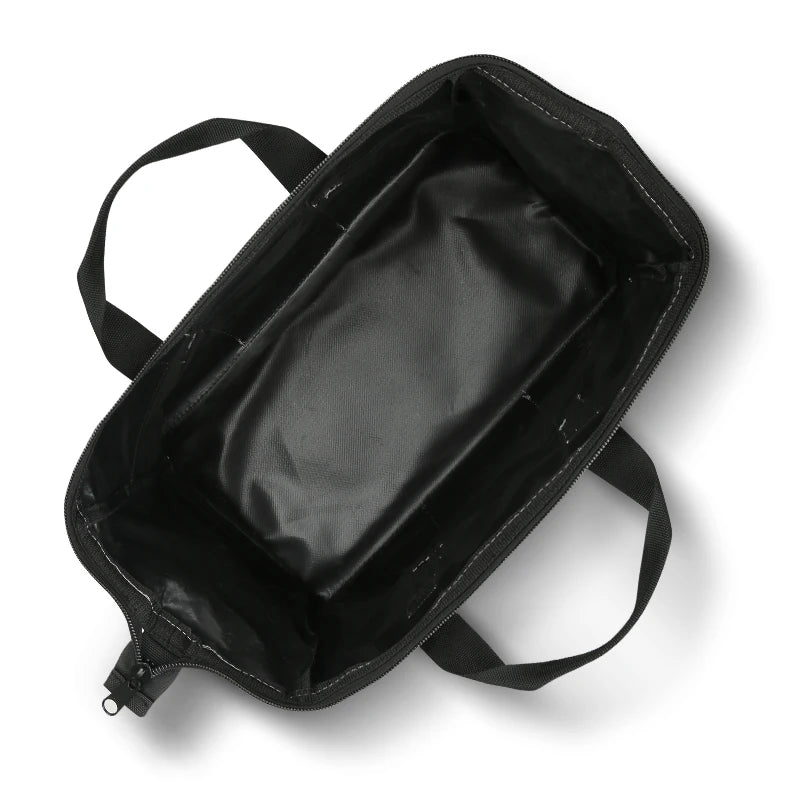 Bolsa de herramientas Oxford negra y duradera con correas para el hombro, vista desde arriba.