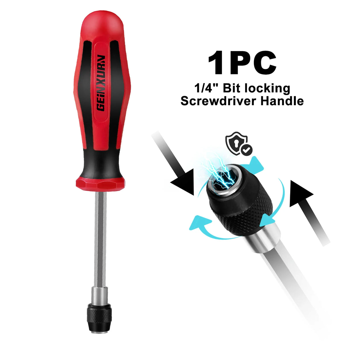 Red and black 1/4 inch bit locking screwdriver handle with a metal shaft.