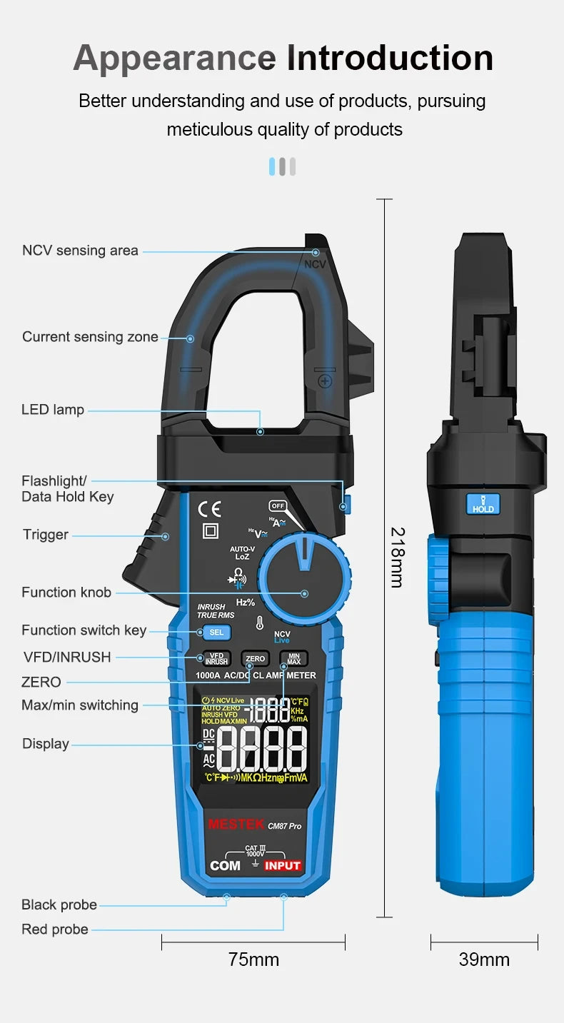 Appearance introduction of a blue clamp meter showing sensing zones and dimensions.
