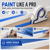 A white paint masking tape applicator is shown applying blue tape to a window trim for clean lines.