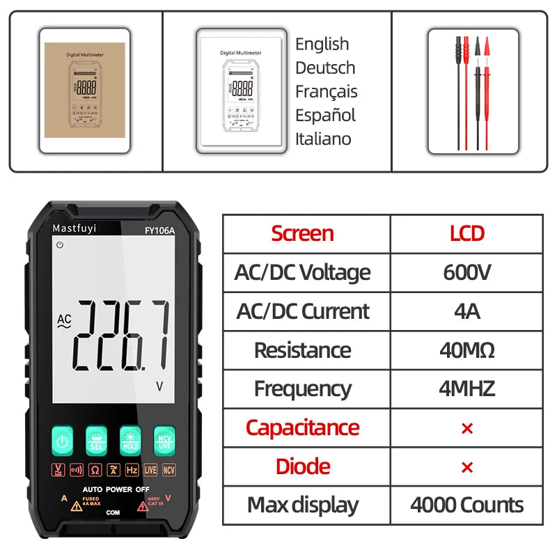 A black digital multimeter with an LCD screen and various language options is shown alongside technical specifications.