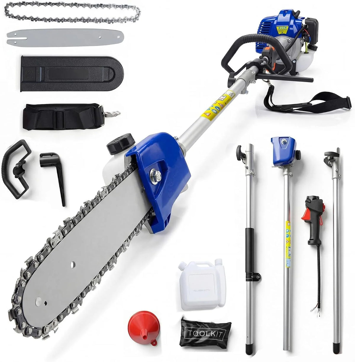 A collection of professional 2-stroke gas pole saw components including a saw blade, handle, and various accessories.