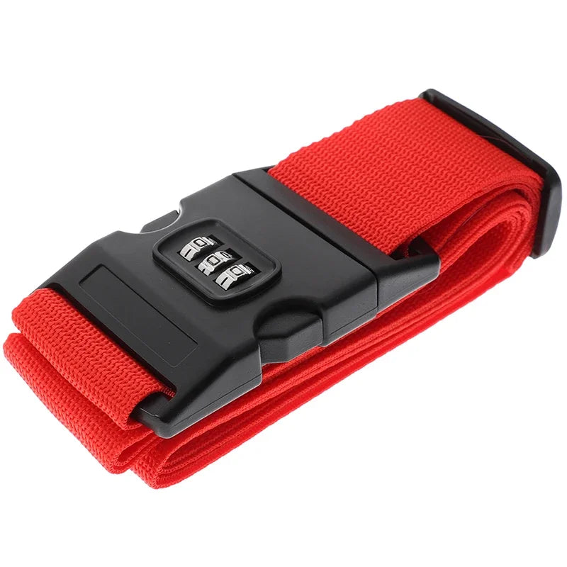 Red and black adjustable luggage strap with a password lock feature
