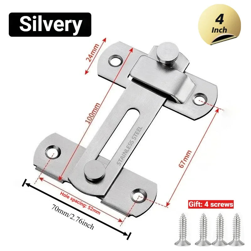 Silver stainless steel sliding door latch with four screws and a 4 inch measurement marker.