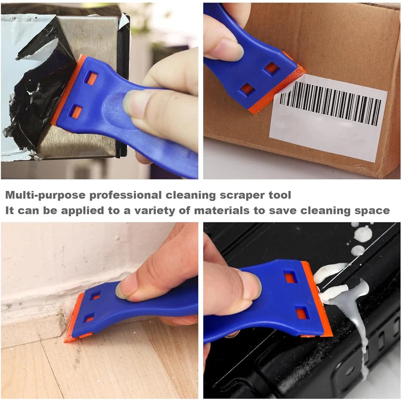 A blue plastic scraper tool with an orange tip is shown being used to remove labels and decals from a cardboard box.