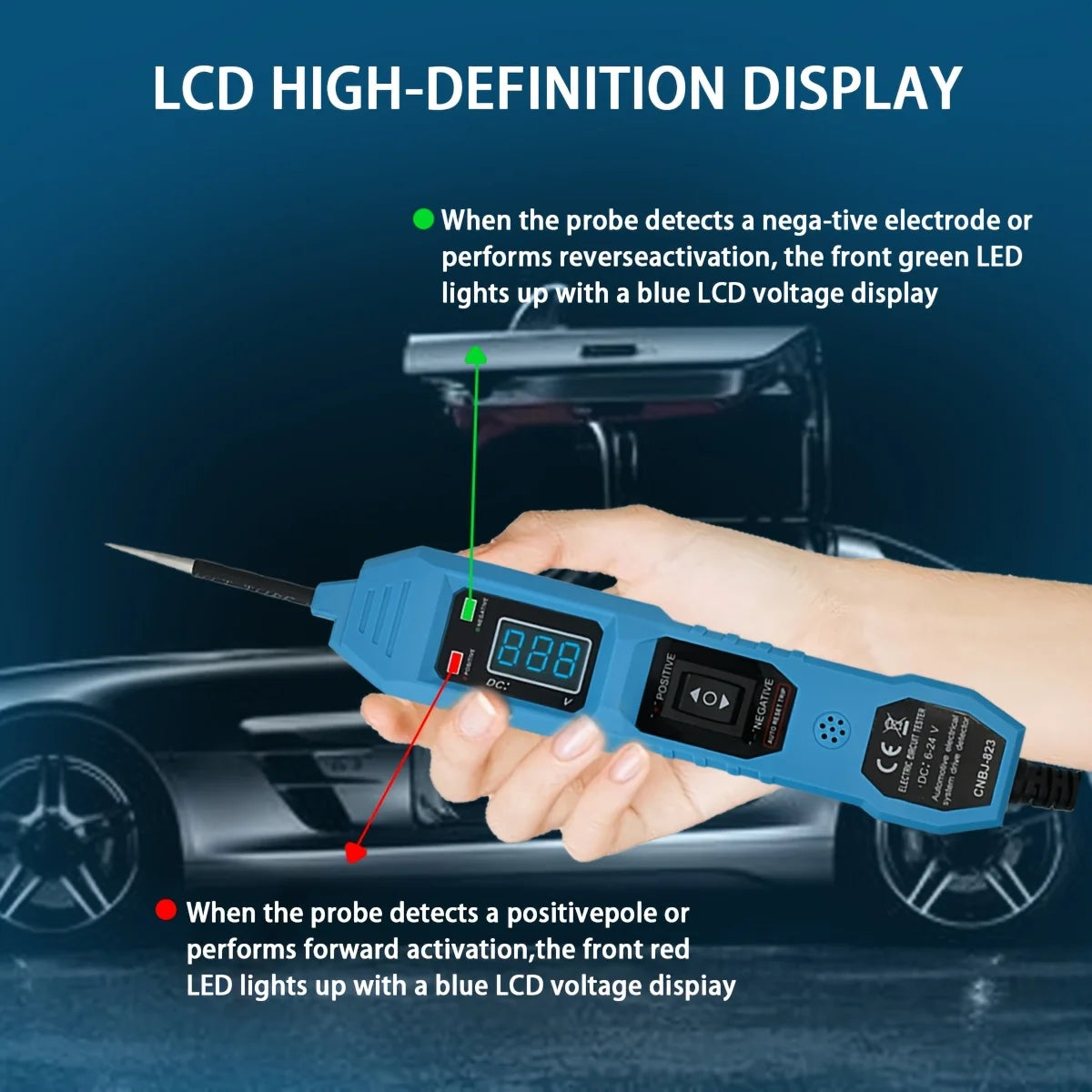 A hand holds a blue digital multimeter probe for automotive electrical systems, demonstrating its function with LED displays.