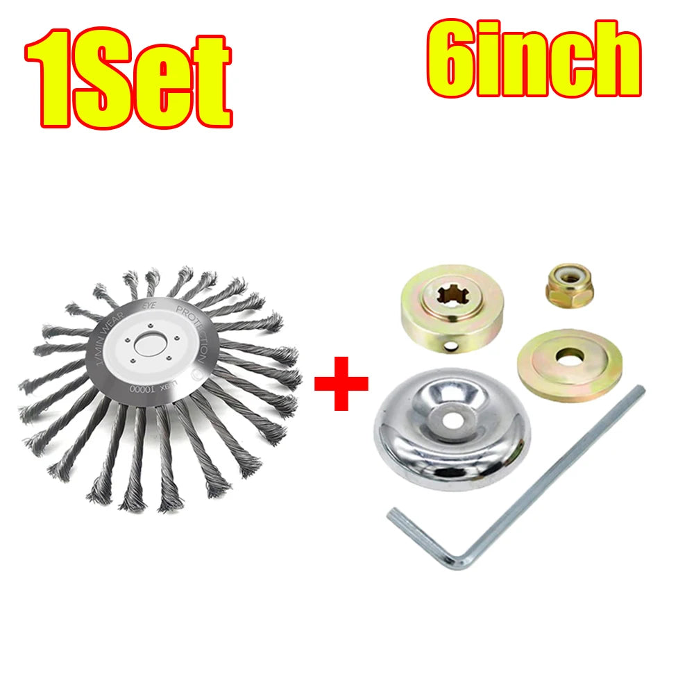 A set of 6 inch precision wire brush trimmer heads and related tools for lawn and garden maintenance.