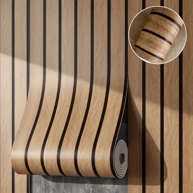 Roll of self-adhesive wood grain wall panels showing vertical wood texture and dark stripes.