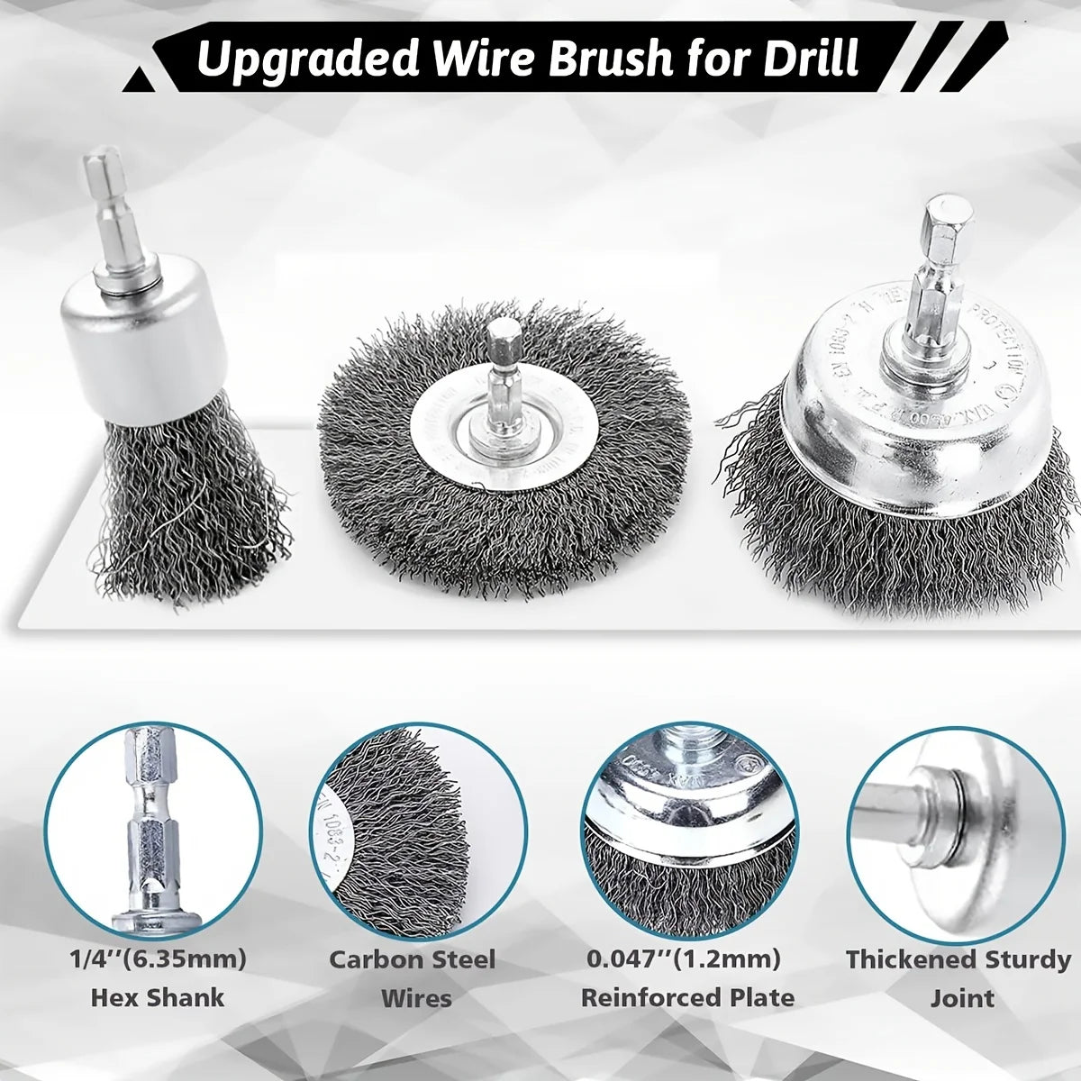 Upgraded wire brush set for drill featuring a hex shank, carbon steel wires, and reinforced plate joint.