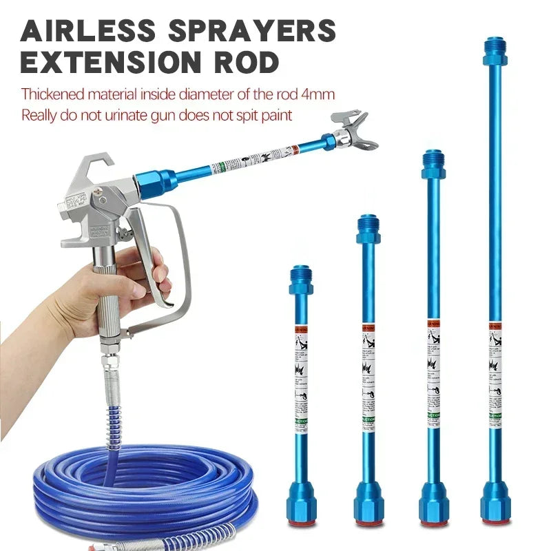 A hand holds an airless sprayer gun with a threaded extension rod and a coiled blue hose.
