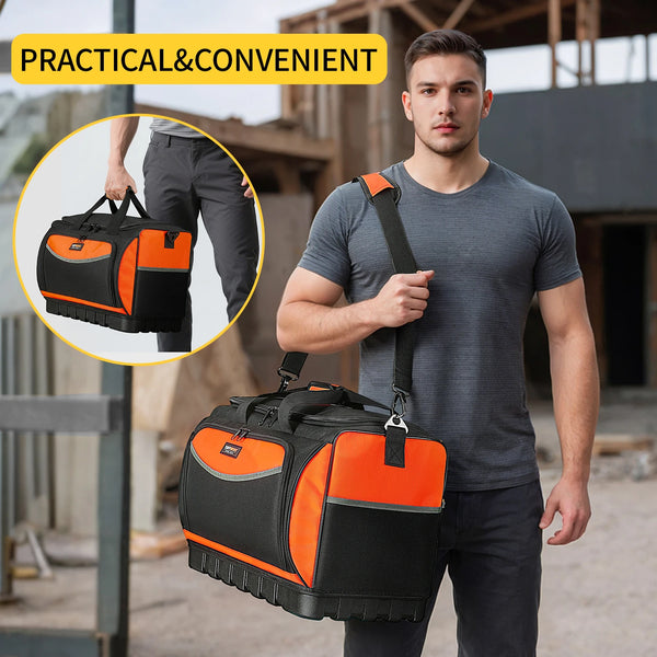 Un hombre sostiene una bolsa organizadora de herramientas abierta y resistente de color negro y naranja en un entorno de cons