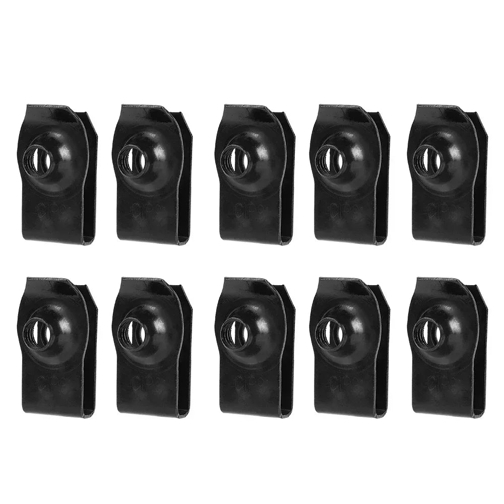 A set of black U-type body bolts and clips for auto fastening.
