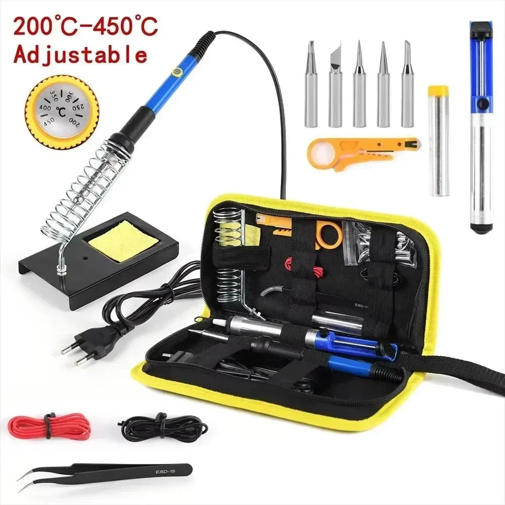 A professional soldering iron kit featuring an adjustable temperature control and a digital multimeter, packaged in a yellow 