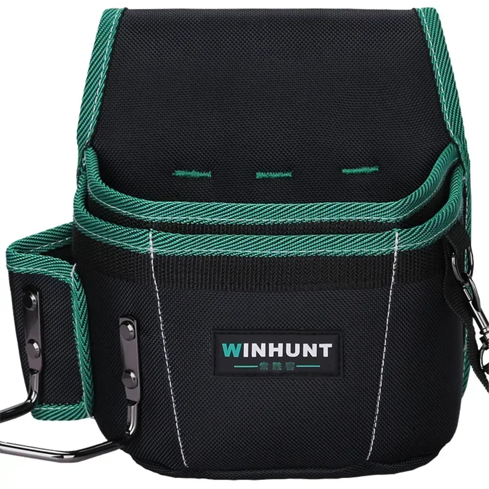 Black tool belt pouch with green trim and silver hardware.