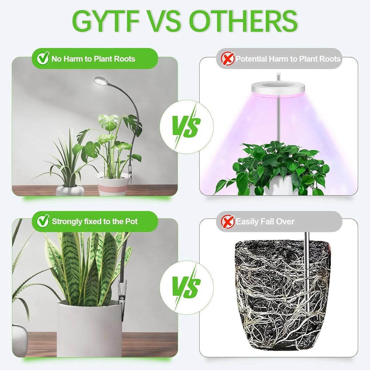 Comparison graphic showing a plant in a pot versus a plant with potential harm to roots and an easily fall-over pot.