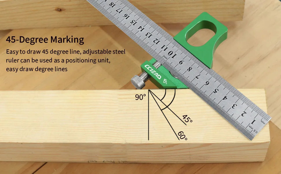 A precision angle scriber and ruler positioning block set showing a 45-degree marking on a wooden surface.