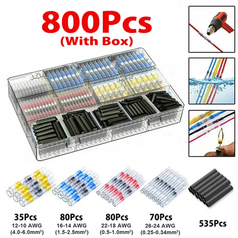 A box of 800 pieces of heat shrink butt crimp terminals in various sizes and colors.