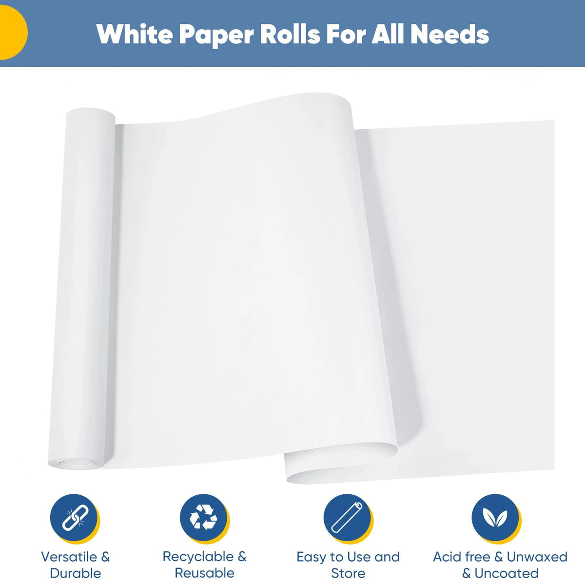 Roll of white paper for various needs featuring versatility, recyclability, ease of use, and acid-free quality