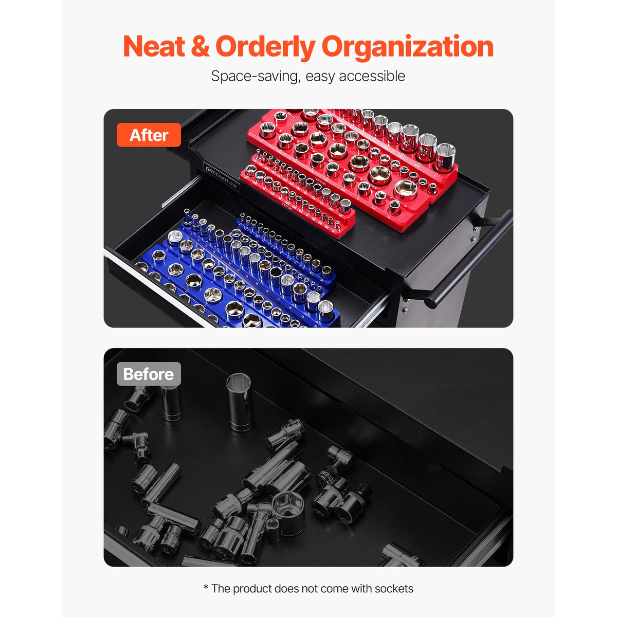 Before and after comparison showing a magnetic socket organizer set for tools.