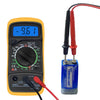 A yellow handheld digital multimeter with a black display and red and black cables.