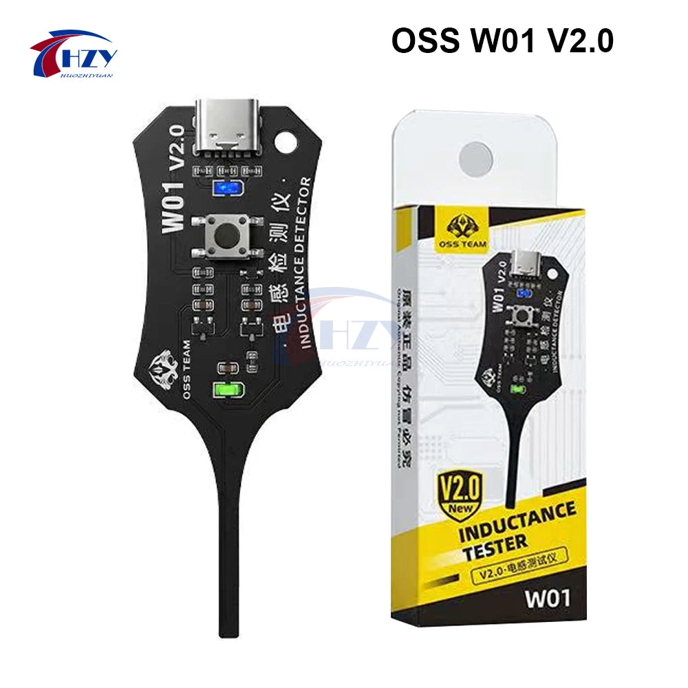 A black electronic device labeled OSS W01 V2.0, an inductance tester, shown next to its packaging.
