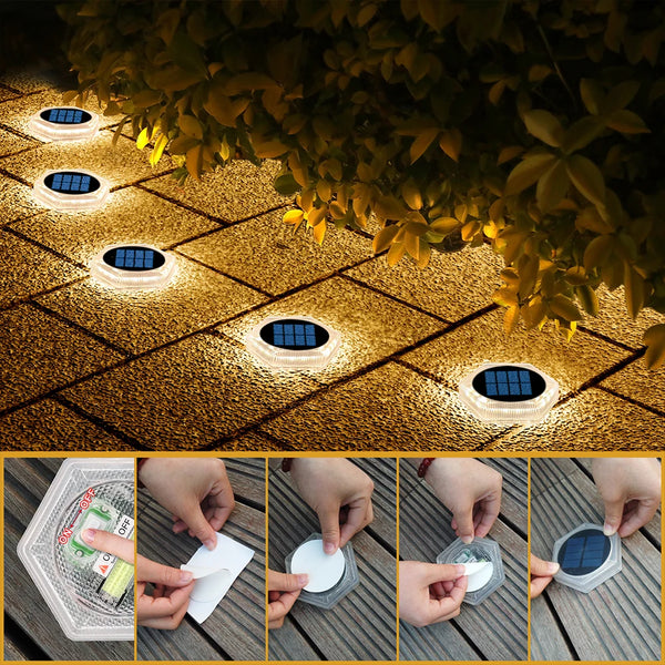 Hands demonstrate the installation and operation of heavy duty solar deck lights with motion sensors.