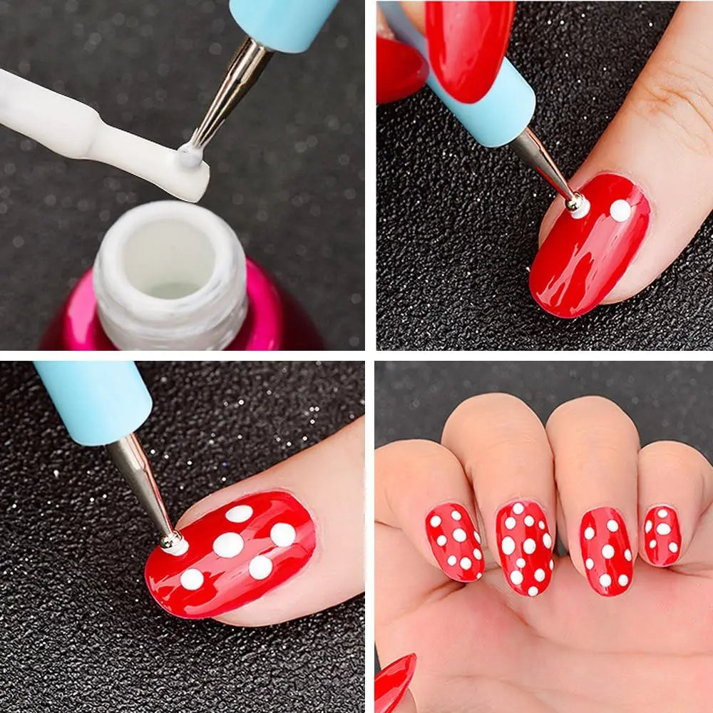 A set of multi-use sculpting and decoration tools used to apply red nail polish with white polka dots onto fingernails.