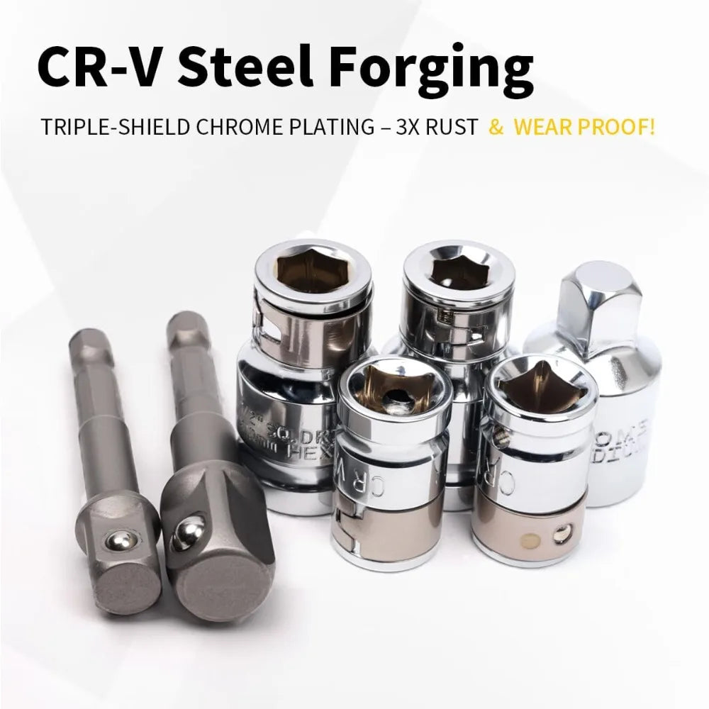 Set of CR-V steel forging triple-shield chrome plating socket wrench adapters