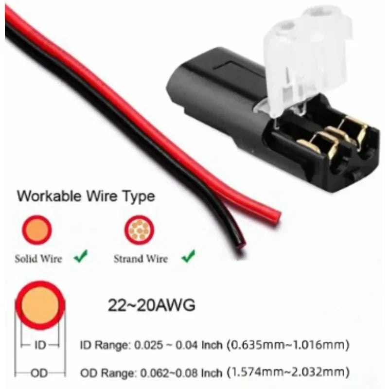 A black LED plug connector with a wire and strand wire type, showing ID and OD ranges.