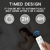 A hand is operating a remote control for an LED ceiling fan, demonstrating timed shut-off features.